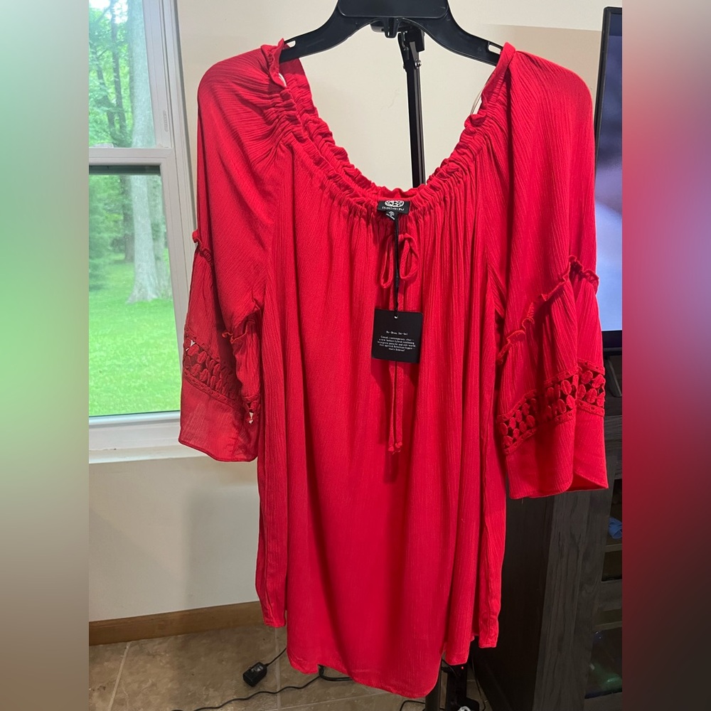 bobeau Bright Red Peasant Tunic with Crochet Sleeve Detail